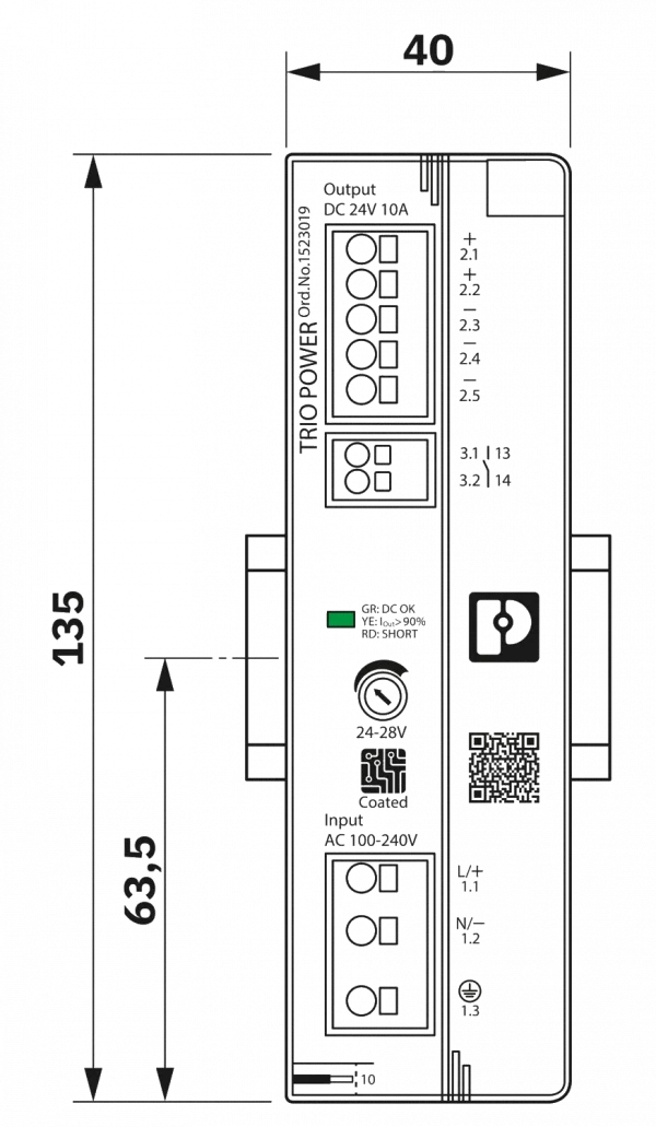 Phoenix Contact - Stromversorgung TRIO 24V/10A Front Maßzeichnung