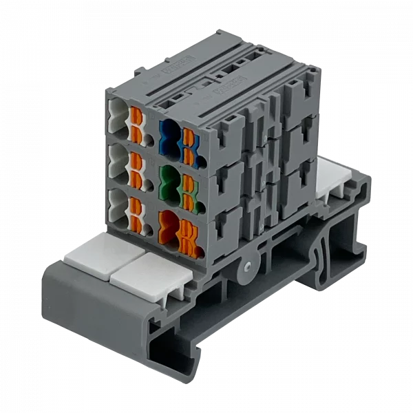 Rangierwabe für Loxone-Link, Tree-Bus und 24V Versorgung mit farblicher Zuordnung 3D-Ansicht